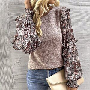 Coffee Brown Casual Women's Crew Neck Floral Blouse